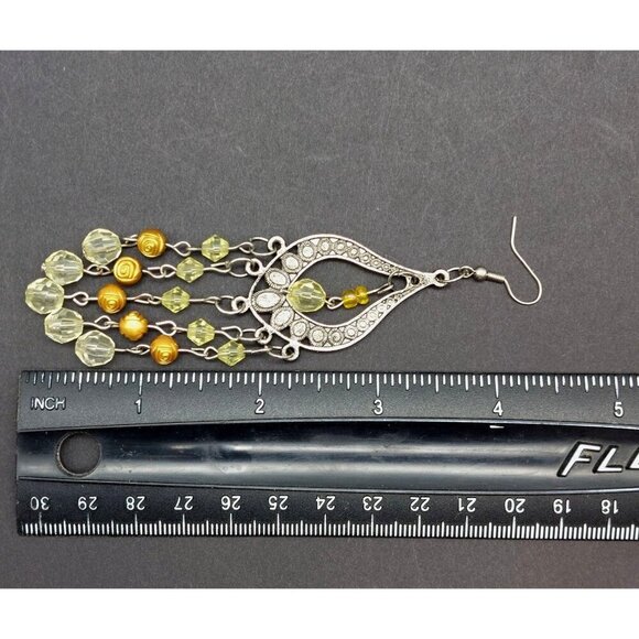 Boho Hippie Statement Earrings 4" Dangle Silver Tone & Beaded Tiny Rose Accents - Picture 7 of 7